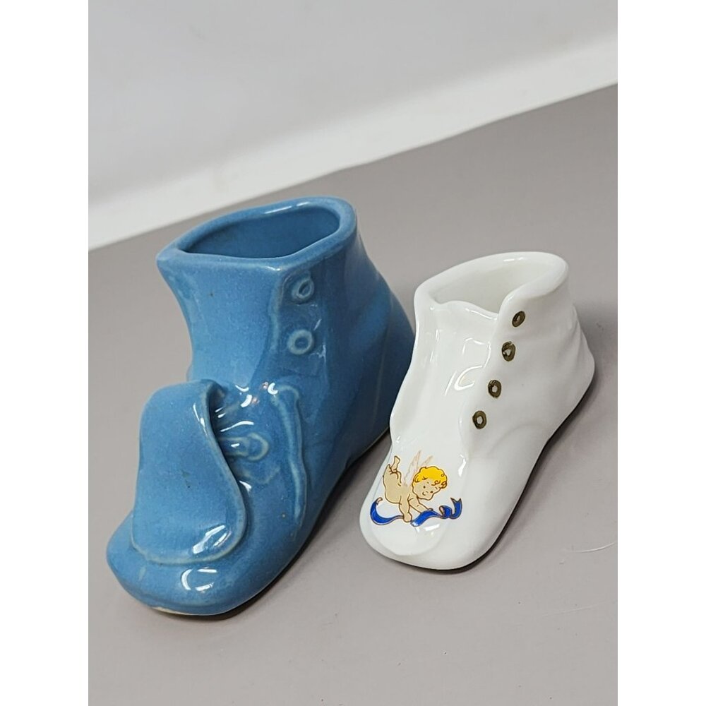2 Vintage‎ Art Pottery Ceramic Baby Shoes Blue White Barton Fine China Glazed